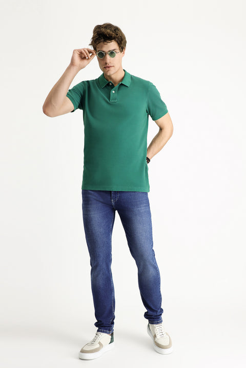 Dark Green Slim Fit Embroidered Cotton Polo Shirt