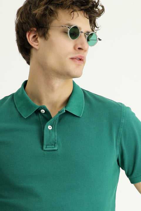 Dark Green Slim Fit Embroidered Cotton Polo Shirt