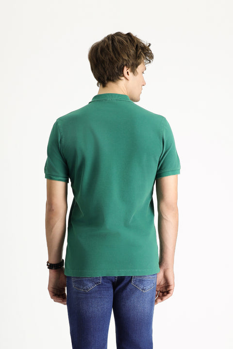 Dark Green Slim Fit Embroidered Cotton Polo Shirt