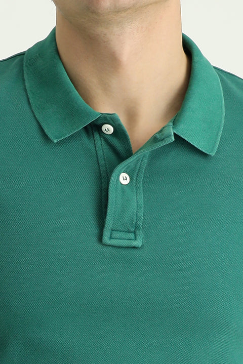 Dark Green Slim Fit Embroidered Cotton Polo Shirt