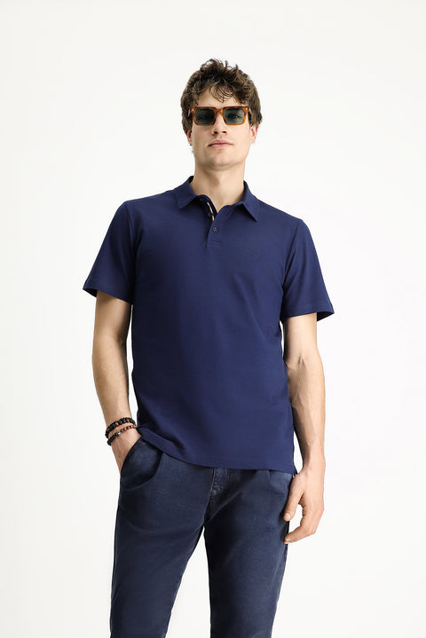 Medium Navy Polo Collar Slim Fit Narrow Cut Embroidered Cotton T-Shirt