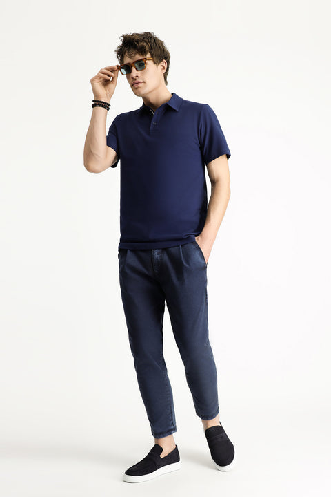 Medium Navy Polo Collar Slim Fit Narrow Cut Embroidered Cotton T-Shirt