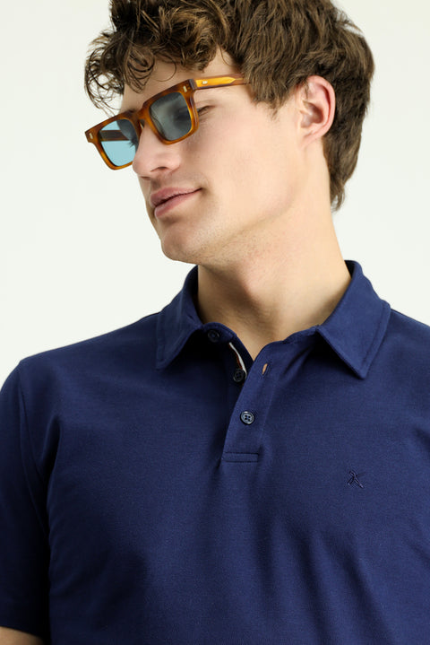 Medium Navy Polo Collar Slim Fit Narrow Cut Embroidered Cotton T-Shirt