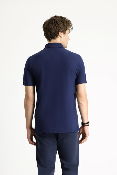 Medium Navy Polo Collar Slim Fit Narrow Cut Embroidered Cotton T-Shirt