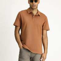 Light Brown Polo Collar Slim Fit Embroidered Cotton T-Shirt