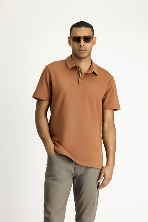 Light Brown Polo Collar Slim Fit Embroidered Cotton T-Shirt