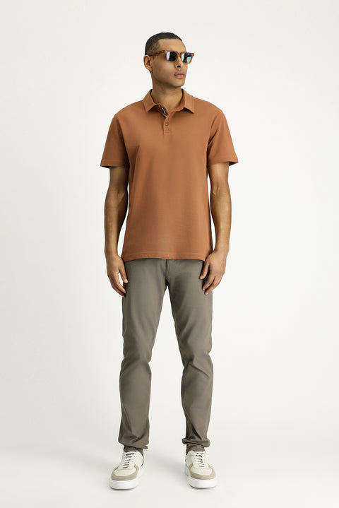 Light Brown Polo Collar Slim Fit Embroidered Cotton T-Shirt
