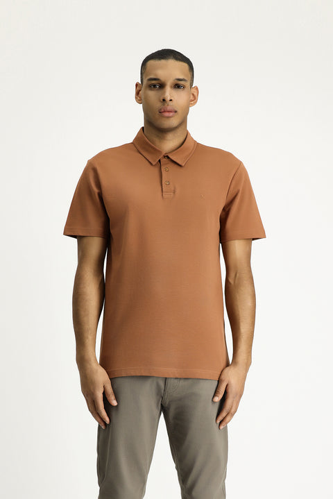 Light Brown Polo Collar Slim Fit Embroidered Cotton T-Shirt