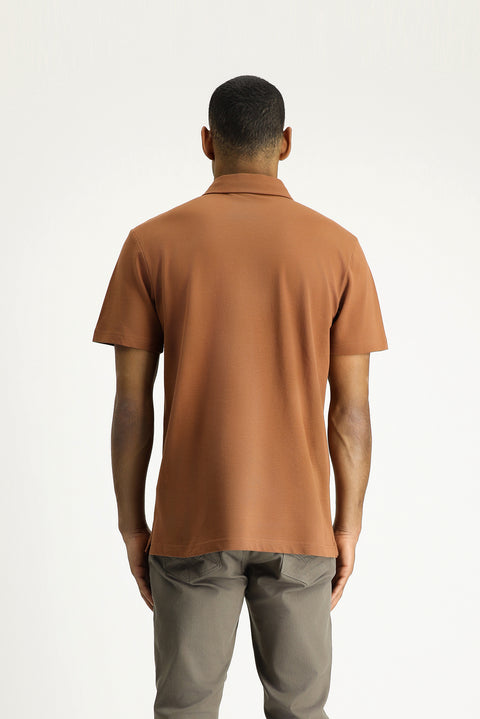 Light Brown Polo Collar Slim Fit Embroidered Cotton T-Shirt