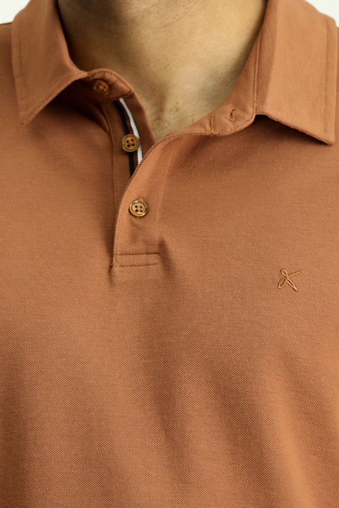 Light Brown Polo Collar Slim Fit Embroidered Cotton T-Shirt