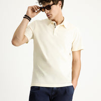 Cream Polo Collar Slim Fit Narrow Cut Embroidered Cotton T-shirt