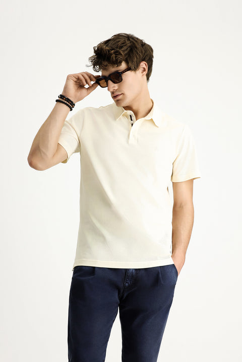 Cream Polo Collar Slim Fit Narrow Cut Embroidered Cotton T-shirt