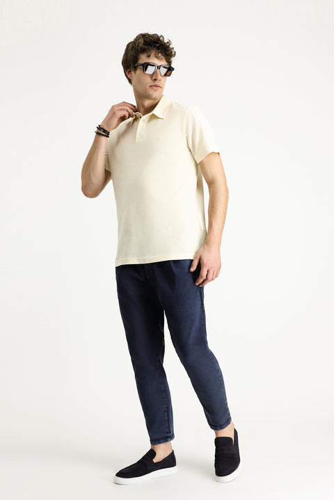 Cream Polo Collar Slim Fit Narrow Cut Embroidered Cotton T-shirt