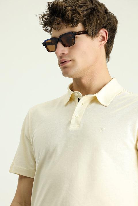 Cream Polo Collar Slim Fit Narrow Cut Embroidered Cotton T-shirt