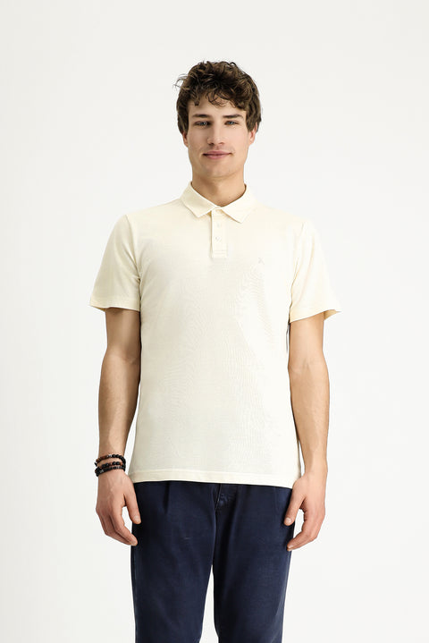 Cream Polo Collar Slim Fit Narrow Cut Embroidered Cotton T-shirt
