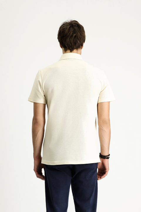 Cream Polo Collar Slim Fit Narrow Cut Embroidered Cotton T-shirt