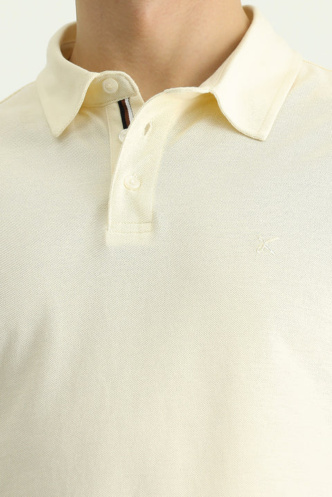Cream Polo Collar Slim Fit Narrow Cut Embroidered Cotton T-shirt