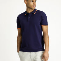 Dark Navy Polo Collar Slim Fit Patterned Cotton T-shirt