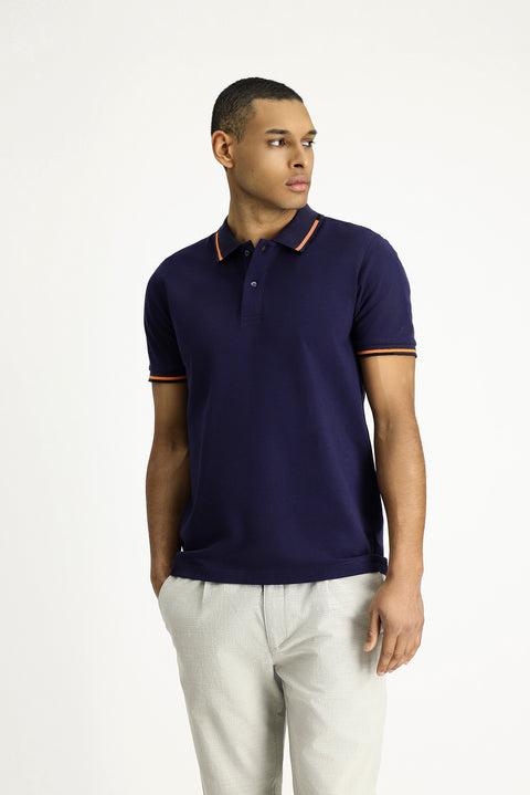 Dark Navy Polo Collar Slim Fit Patterned Cotton T-shirt