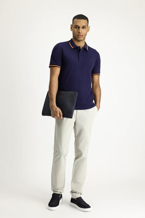 Dark Navy Polo Collar Slim Fit Patterned Cotton T-shirt