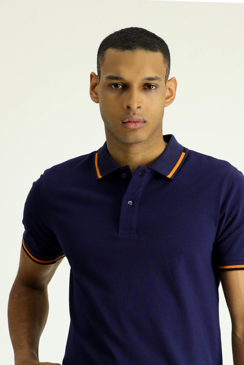 Dark Navy Polo Collar Slim Fit Patterned Cotton T-shirt