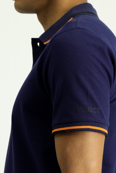 Dark Navy Polo Collar Slim Fit Patterned Cotton T-shirt