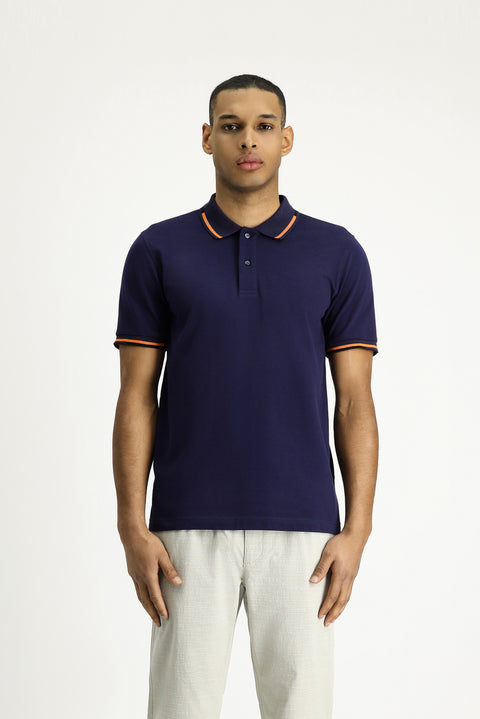 Dark Navy Polo Collar Slim Fit Patterned Cotton T-shirt