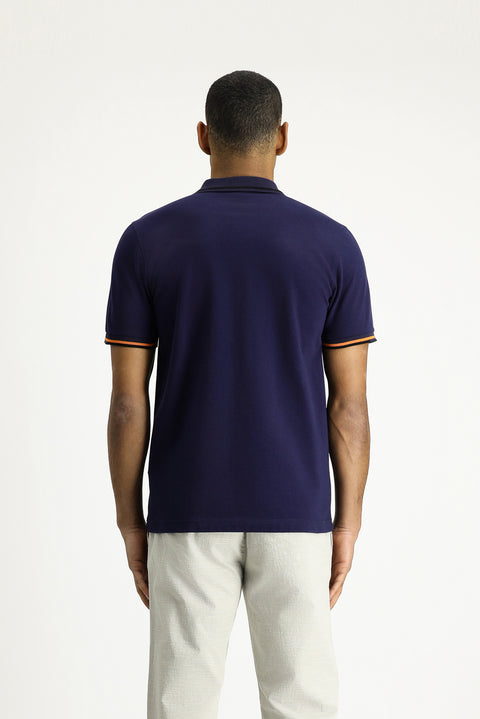 Dark Navy Polo Collar Slim Fit Patterned Cotton T-shirt
