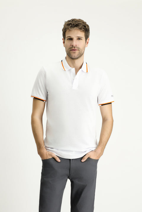 White Polo Collar Slim Fit Patterned Cotton T-shirt