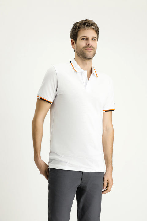 White Polo Collar Slim Fit Patterned Cotton T-shirt