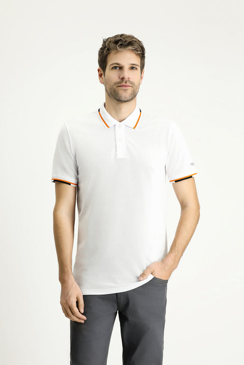 White Polo Collar Slim Fit Patterned Cotton T-shirt