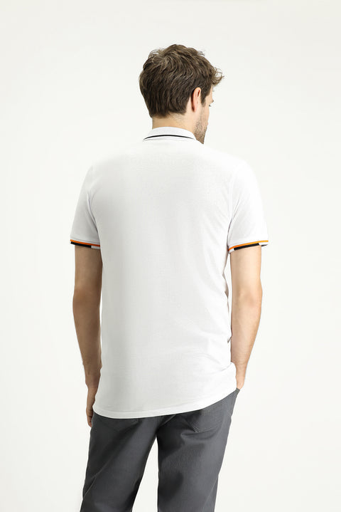 White Polo Collar Slim Fit Patterned Cotton T-shirt