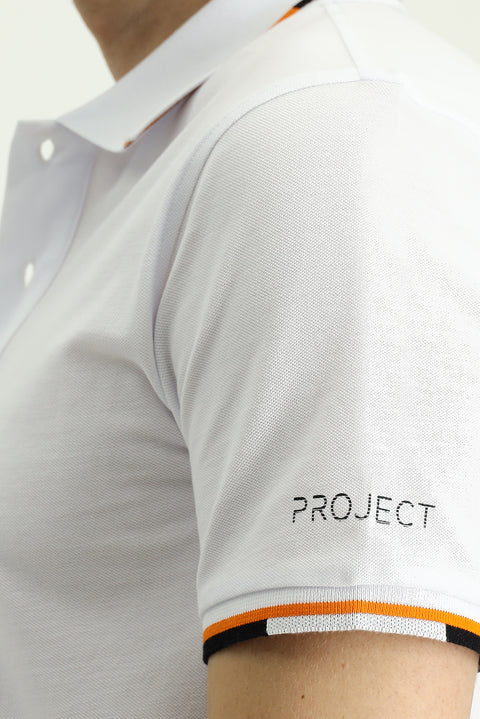 White Polo Collar Slim Fit Patterned Cotton T-shirt