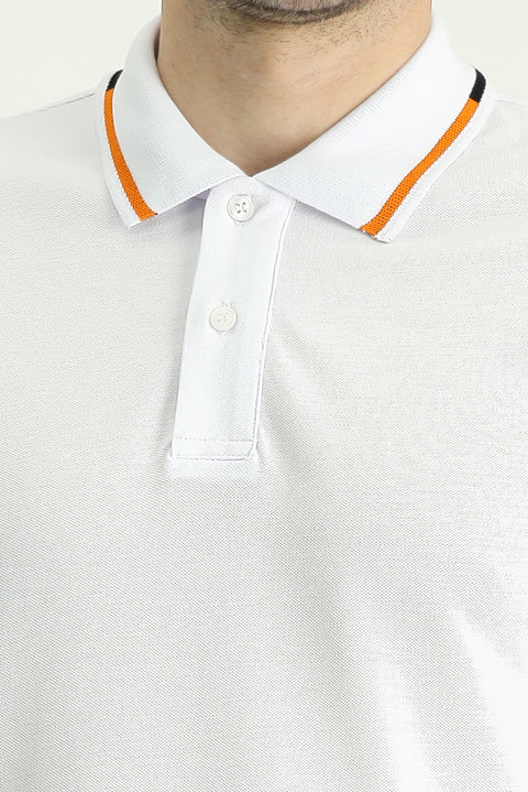 White Polo Collar Slim Fit Patterned Cotton T-shirt