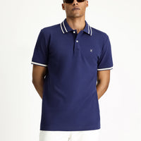 Medium Navy Polo Collar Slim Fit Narrow Cut Patterned Embroidered Cotton T-shirt