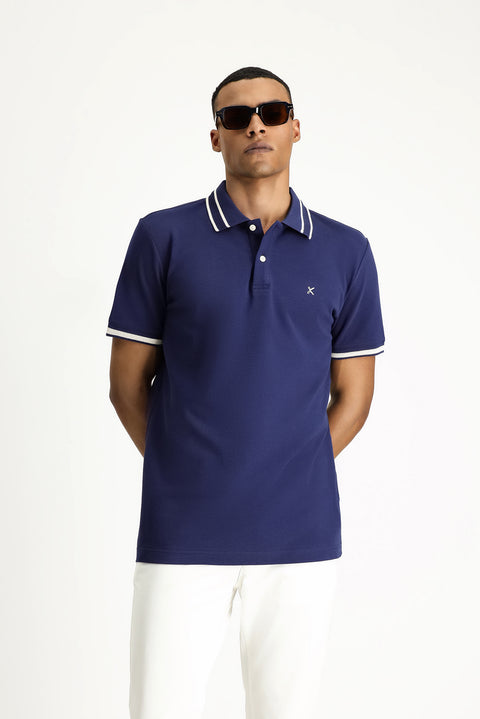 Medium Navy Polo Collar Slim Fit Narrow Cut Patterned Embroidered Cotton T-shirt