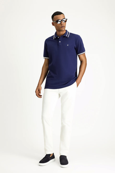 Medium Navy Polo Collar Slim Fit Narrow Cut Patterned Embroidered Cotton T-shirt