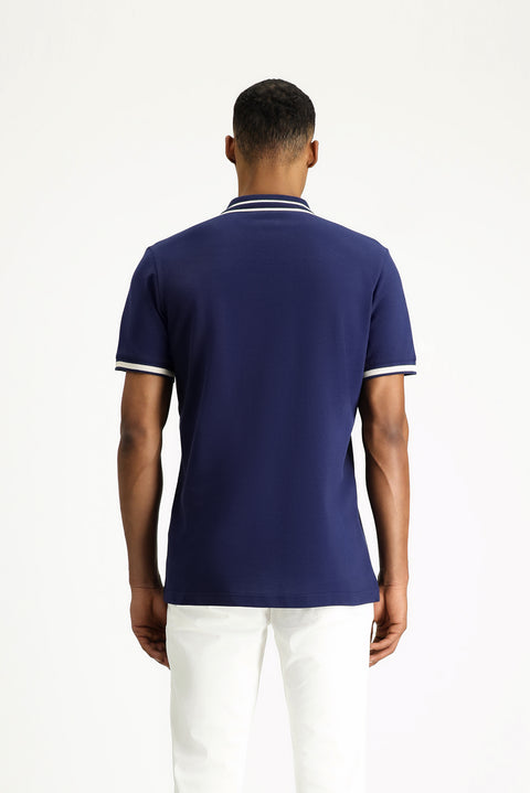 Medium Navy Polo Collar Slim Fit Narrow Cut Patterned Embroidered Cotton T-shirt