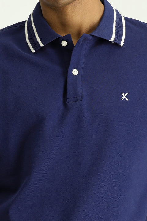 Medium Navy Polo Collar Slim Fit Narrow Cut Patterned Embroidered Cotton T-shirt