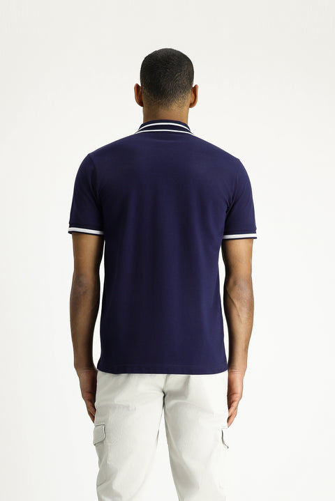 Medium Navy Polo Collar Slim Fit Narrow Cut Patterned Embroidered Cotton T-shirt
