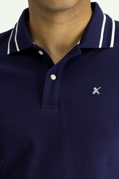 Medium Navy Polo Collar Slim Fit Narrow Cut Patterned Embroidered Cotton T-shirt