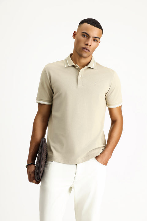 Açık Bej Polo Yaka Slim Fit Dar Kesim Desenli Nakışlı Pamuk Tişört