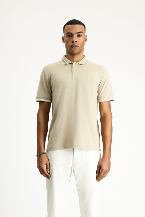 Açık Bej Polo Yaka Slim Fit Dar Kesim Desenli Nakışlı Pamuk Tişört