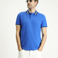 Indigo Polo Collar Slim Fit Patterned Cotton T-shirt