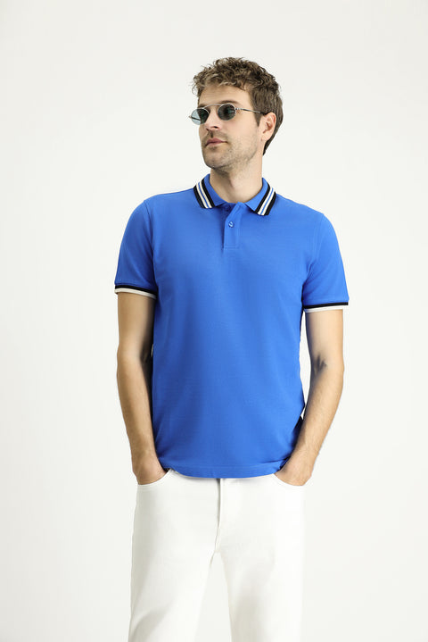 Indigo Polo Collar Slim Fit Patterned Cotton T-shirt