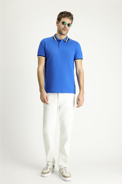 Indigo Polo Collar Slim Fit Patterned Cotton T-shirt