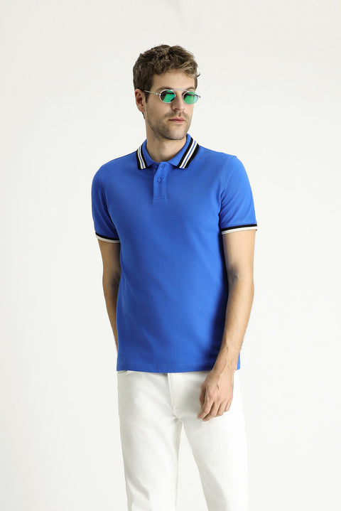 Indigo Polo Collar Slim Fit Patterned Cotton T-shirt