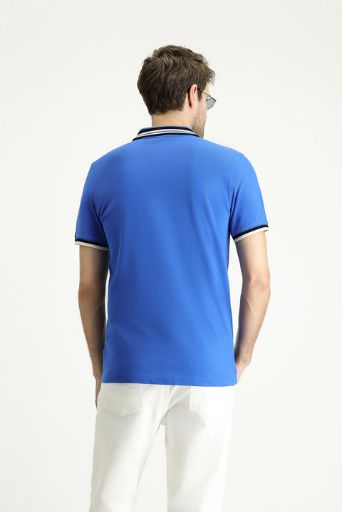 Indigo Polo Collar Slim Fit Patterned Cotton T-shirt