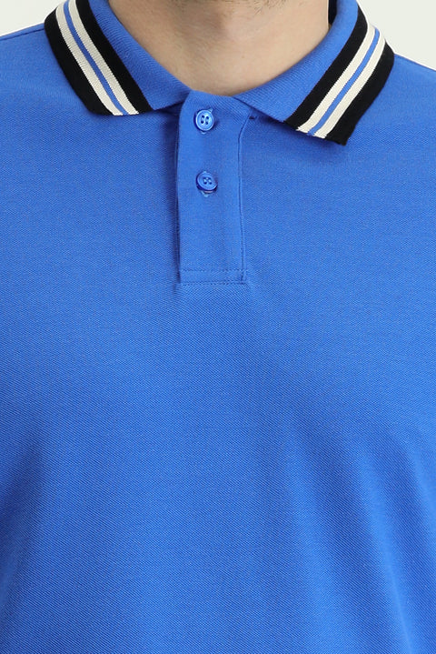 Indigo Polo Collar Slim Fit Patterned Cotton T-shirt
