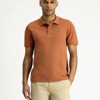 Light Brown Polo Collar Slim Fit Embroidered Cotton T-Shirt